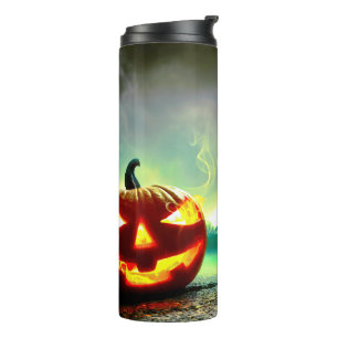 SlipperyJoe's glowing jack‑o’-lantern Halloween wa Thermal Tumbler