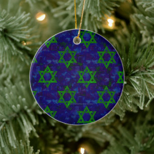 SlipperyJoe's Hanukkah green rows Stars of David c Ceramic Ornament