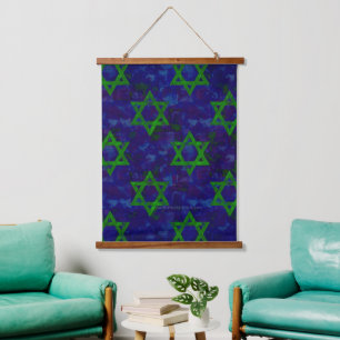 SlipperyJoe's Hanukkah green rows Stars of David c Hanging Tapestry