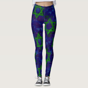 SlipperyJoe's Hanukkah green rows Stars of David c Leggings