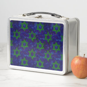 SlipperyJoe's Hanukkah green rows Stars of David c Metal Lunch Box