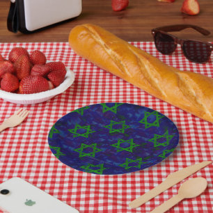 SlipperyJoe's Hanukkah green rows Stars of David c Paper Plate