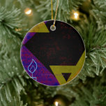 SlipperyJoe's Hanukkah-themed image golden yellow  Ceramic Ornament<br><div class="desc">SlipperyJoe's Hanukkah-themed image golden yellow Star of David blue candles with orange flames Menorah-inspired art gift idea Jewish identity spirituality holiday retro bold symmetrical pattern diamond-shaped grid background blends tradition and vibrant design purple black chequerboard effect Hebrew religious celebration</div>