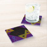SlipperyJoe's Hanukkah-themed image golden yellow  Glass Coaster<br><div class="desc">SlipperyJoe's Hanukkah-themed image golden yellow Star of David blue candles with orange flames Menorah-inspired art gift idea Jewish identity spirituality holiday retro bold symmetrical pattern diamond-shaped grid background blends tradition and vibrant design purple black chequerboard effect Hebrew religious celebration</div>