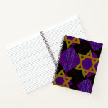 SlipperyJoe's Hanukkah-themed image golden yellow  Notebook<br><div class="desc">SlipperyJoe's Hanukkah-themed image golden yellow Star of David blue candles with orange flames Menorah-inspired art gift idea Jewish identity spirituality holiday retro bold symmetrical pattern diamond-shaped grid background blends tradition and vibrant design purple black chequerboard effect Hebrew religious celebration</div>