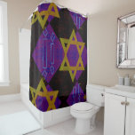 SlipperyJoe's Hanukkah-themed image golden yellow  Shower Curtain<br><div class="desc">SlipperyJoe's Hanukkah-themed image golden yellow Star of David blue candles with orange flames Menorah-inspired art gift idea Jewish identity spirituality holiday retro bold symmetrical pattern diamond-shaped grid background blends tradition and vibrant design purple black chequerboard effect Hebrew religious celebration</div>