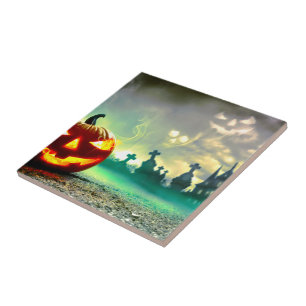 SlipperyJoe's Happy Halloween cemetery graveyard c Ceramic Tile