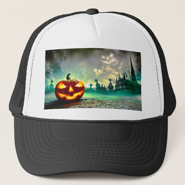 SlipperyJoe's Happy Halloween cemetery graveyard c Trucker Hat (Front)