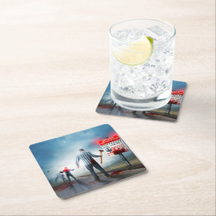 SlipperyJoe's happy Halloween glowing eyes zombies Square Paper Coaster