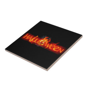 SlipperyJoe's Happy Halloween pumpkin glowing eyes Ceramic Tile
