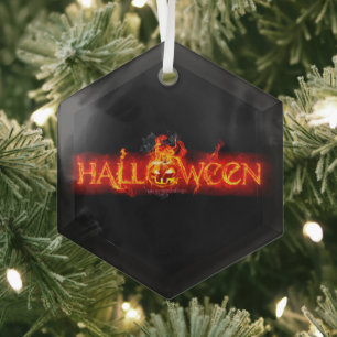 SlipperyJoe's Happy Halloween pumpkin glowing eyes Glass Tree Decoration