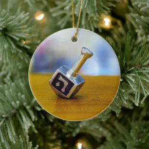 SlipperyJoe's Happy Hanukkah four-sided spinning t Ceramic Ornament