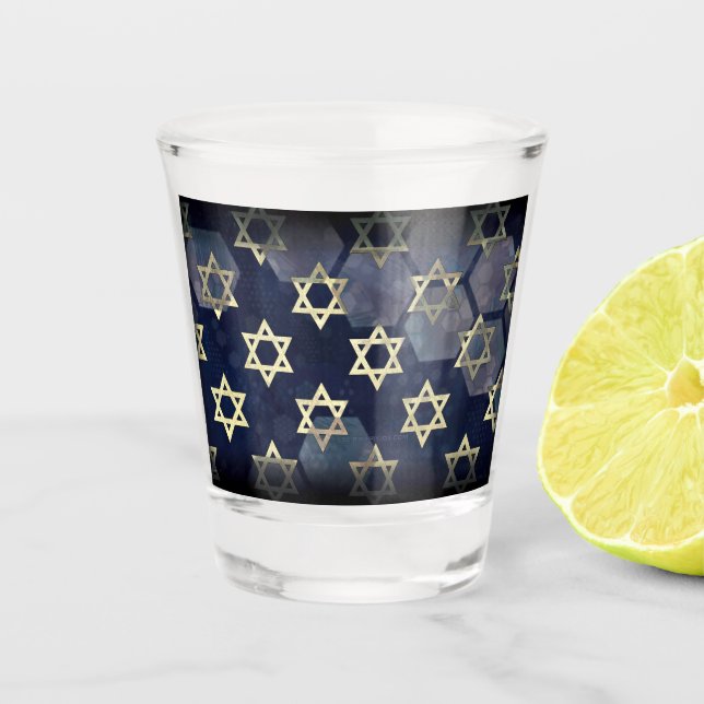 SlipperyJoe's Happy Hanukkah multiple Star of Davi Shot Glass (Front)