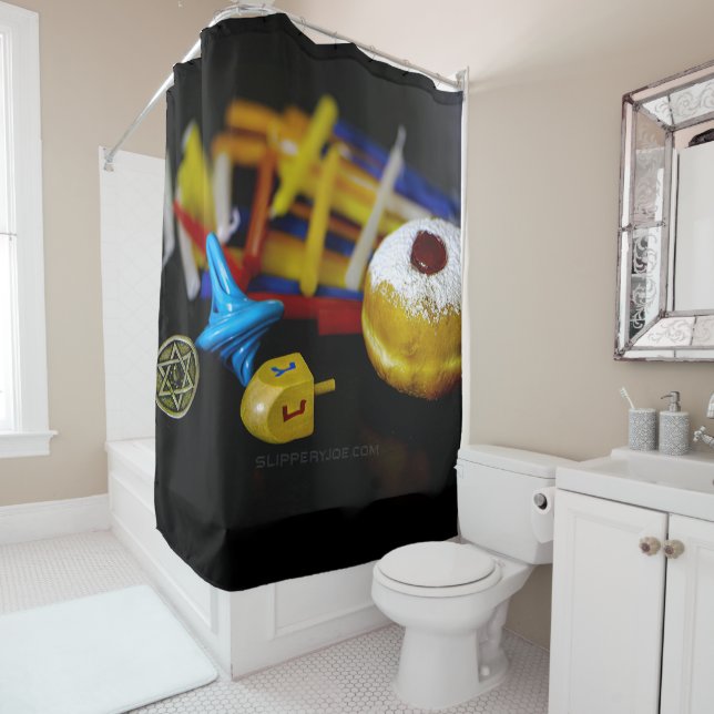 SlipperyJoe's Happy Hanukkah Star of David coin me Shower Curtain (In Situ)
