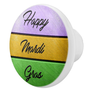 SlipperyJoe's Happy Mardi Gras purple gold green b Ceramic Knob