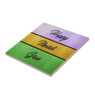 SlipperyJoe's Happy Mardi Gras purple gold green b Ceramic Tile