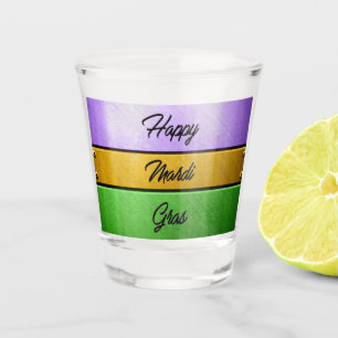 SlipperyJoe's Happy Mardi Gras purple gold green b Shot Glass
