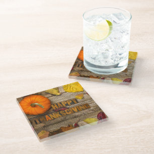 SlipperyJoe's Happy Thanksgiving pumpkin dried lea Glass Coaster