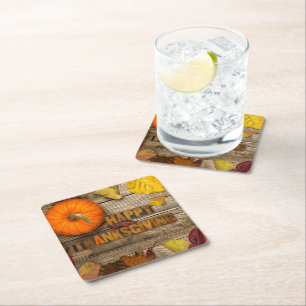 SlipperyJoe's Happy Thanksgiving pumpkin dried lea Square Paper Coaster