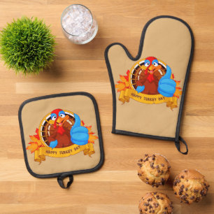 SlipperyJoe's Happy Turkey Day autumn leaves carto Oven Mitt & Pot Holder Set