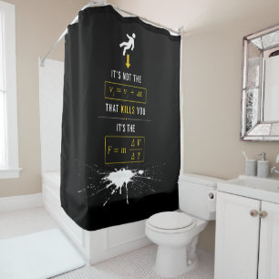 SlipperyJoe's high-contrast physics gag bold arrow Shower Curtain