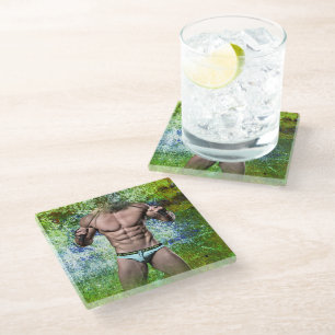 SlipperyJoe's highly muscular adult man shirtless Glass Coaster