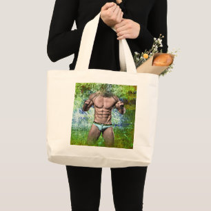 SlipperyJoe's highly muscular adult man shirtless  Large Tote Bag