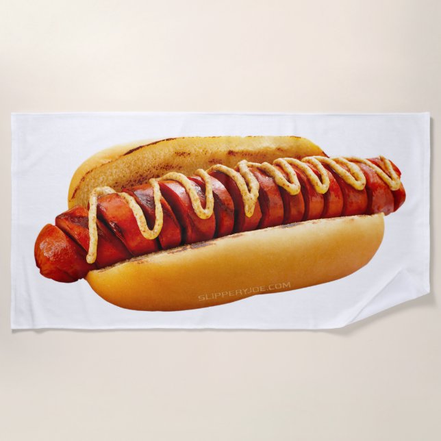SlipperyJoe's hot dog nestled soft bun vibrant yel Beach Towel (Front)