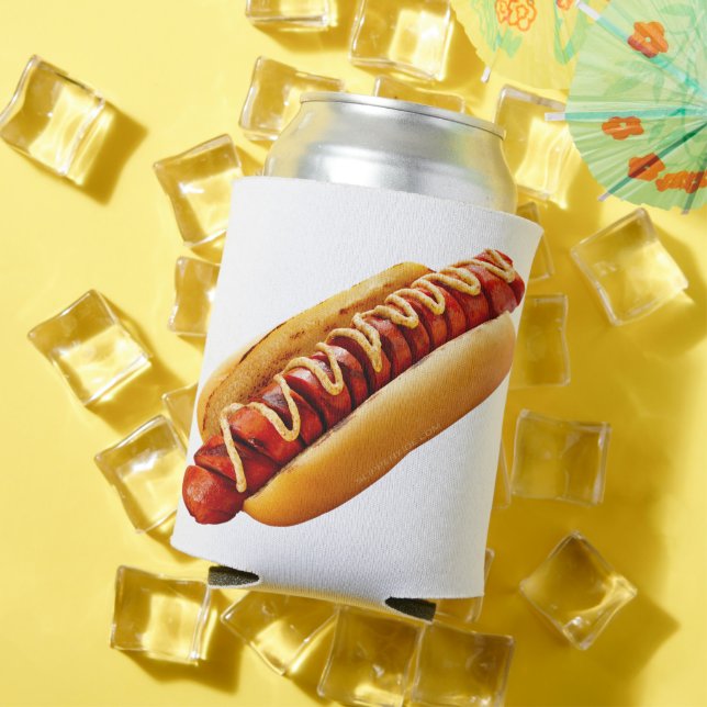 SlipperyJoe's hot dog nestled soft bun vibrant yel Can Cooler (In Situ Summer)