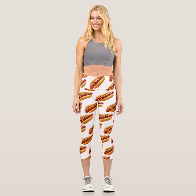 SlipperyJoe's hot dog nestled soft bun vibrant yel Capri Leggings (Front)