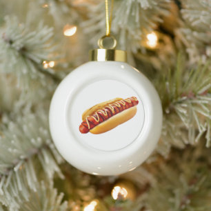 SlipperyJoe's hot dog nestled soft bun vibrant yel Ceramic Ball Christmas Ornament