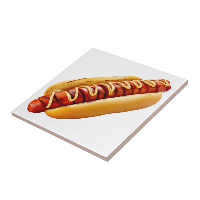 SlipperyJoe's hot dog nestled soft bun vibrant yel Ceramic Tile (Side)