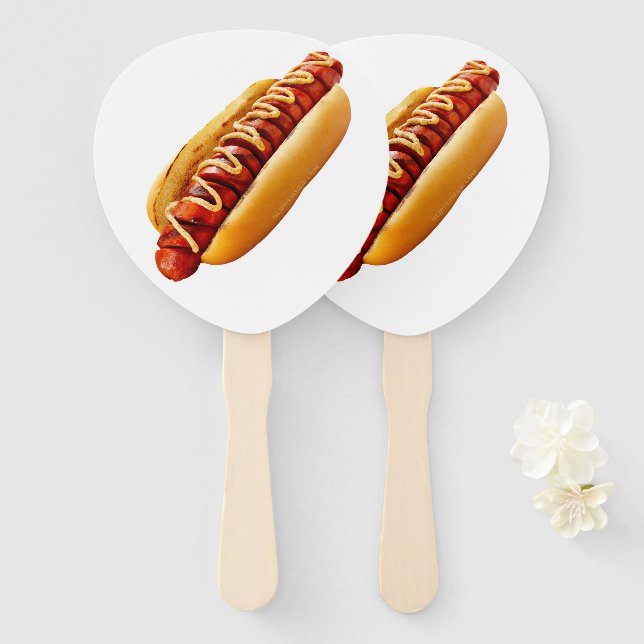 SlipperyJoe's hot dog nestled soft bun vibrant yel Hand Fan (Front and Back)
