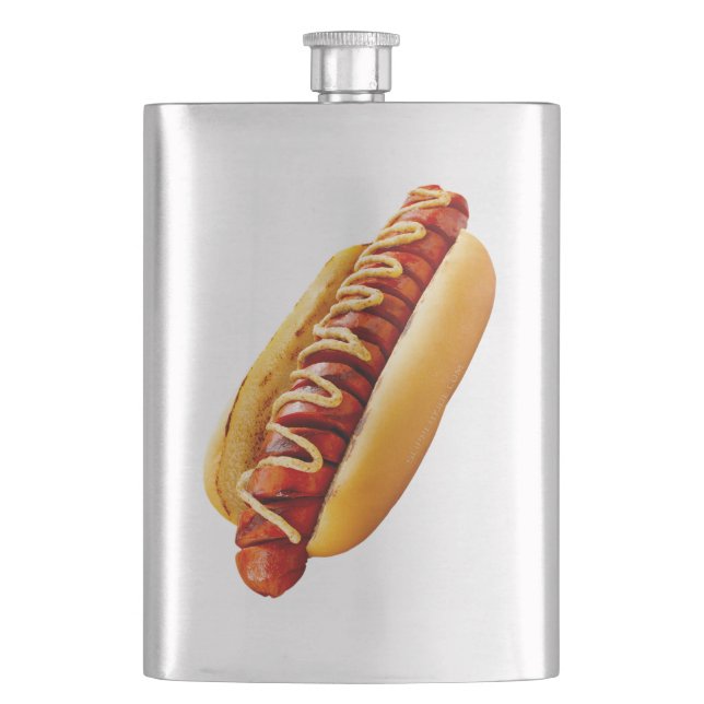 SlipperyJoe's hot dog nestled soft bun vibrant yel Hip Flask (Front)