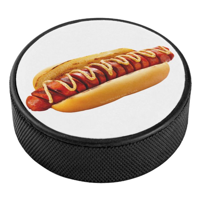 SlipperyJoe's hot dog nestled soft bun vibrant yel Hockey Puck (3/4)