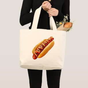 SlipperyJoe's hot dog nestled soft bun vibrant yel Large Tote Bag