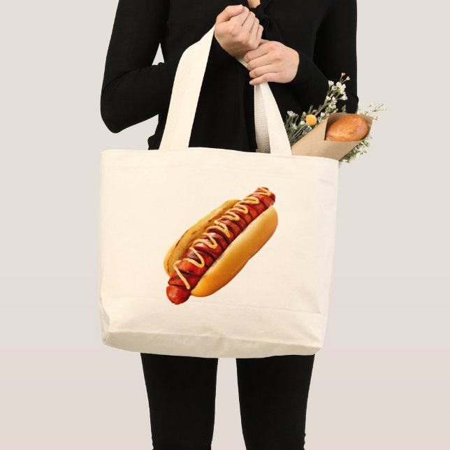 SlipperyJoe's hot dog nestled soft bun vibrant yel Large Tote Bag (Front (Product))