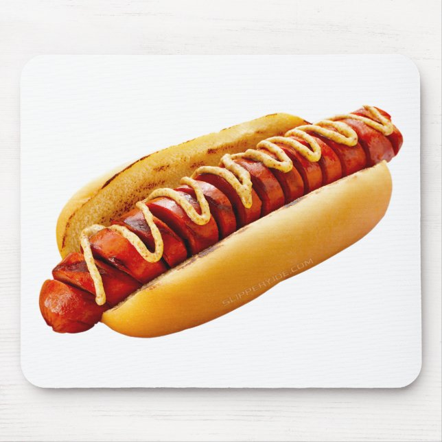 SlipperyJoe's hot dog nestled soft bun vibrant yel Mouse Pad (Front)