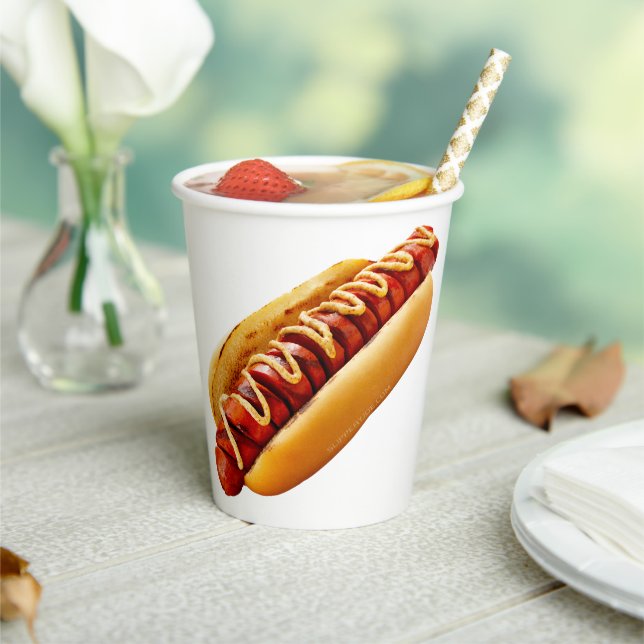 SlipperyJoe's hot dog nestled soft bun vibrant yel Paper Cups (Insitu)