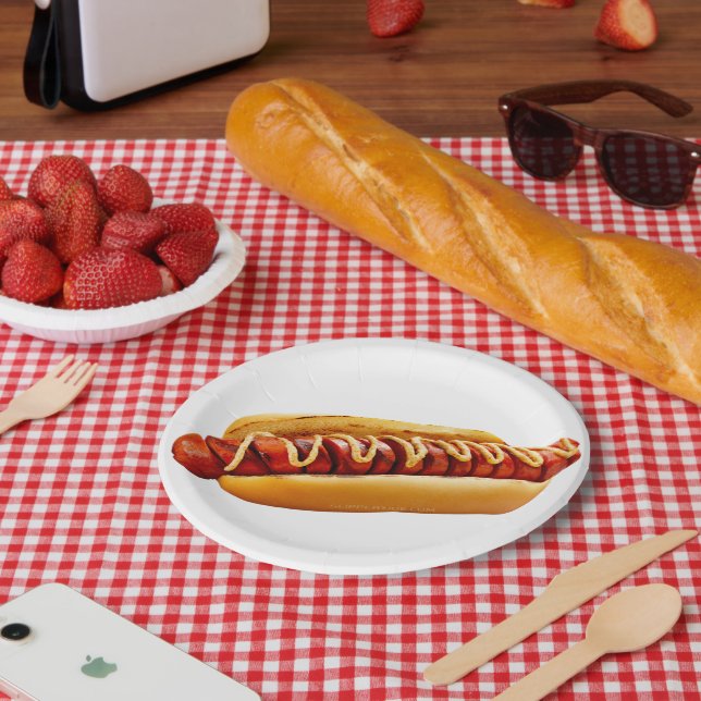 SlipperyJoe's hot dog nestled soft bun vibrant yel Paper Plate (Picnic)