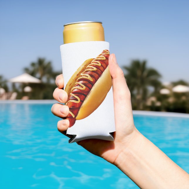SlipperyJoe's hot dog nestled soft bun vibrant yel Seltzer Can Cooler (In Situ Pool)