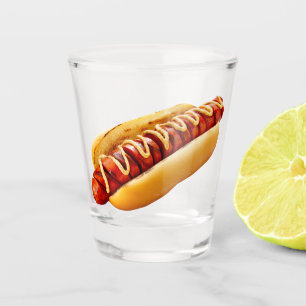 SlipperyJoe's hot dog nestled soft bun vibrant yel Shot Glass
