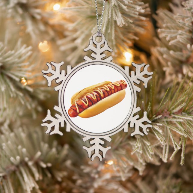 SlipperyJoe's hot dog nestled soft bun vibrant yel Snowflake Pewter Christmas Ornament (Tree)