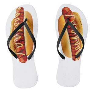SlipperyJoe's hot dog nestled soft bun vibrant yel Thongs