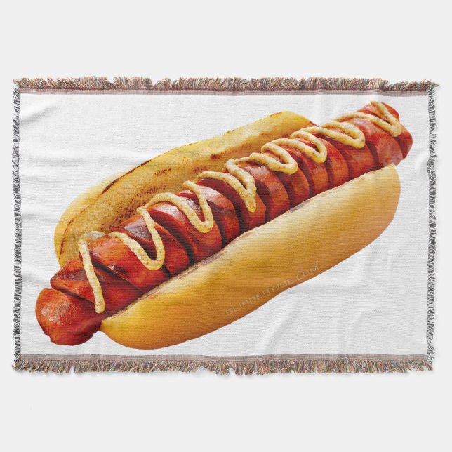 SlipperyJoe's hot dog nestled soft bun vibrant yel Throw Blanket (Front)