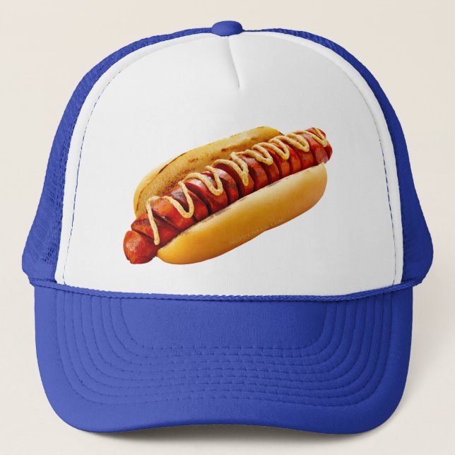 SlipperyJoe's hot dog nestled soft bun vibrant yel Trucker Hat (Front)