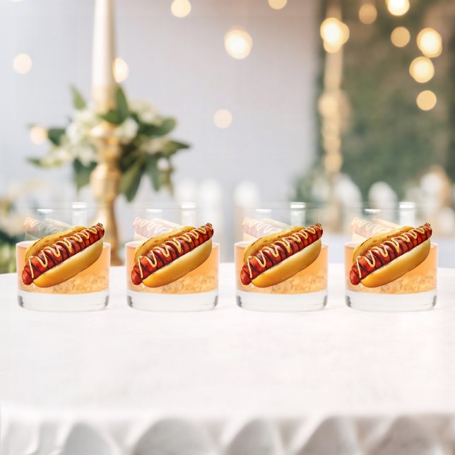 SlipperyJoe's hot dog nestled soft bun vibrant yel Whiskey Glass (Insitu (Wedding))