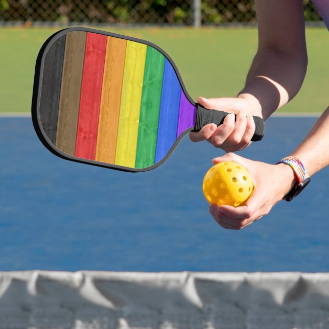 SlipperyJoe's Inclusive gay pride flag textured ru Pickleball Paddle (Insitu)