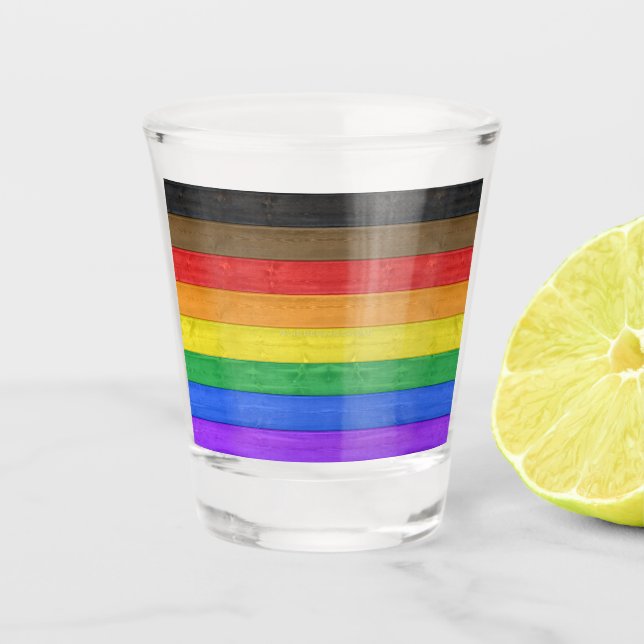SlipperyJoe's Inclusive gay pride flag textured ru Shot Glass (Front)
