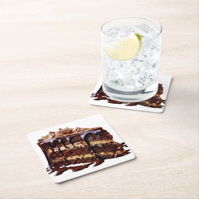 SlipperyJoe's indulgent multi-layer chocolate cake Square Paper Coaster (Insitu)